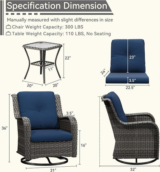 6 Pieces Outdoor Furniture Set - Patio Wicker Swivel Rocker Chair Set of 4 and 2 Side Table, Blue, Mixed Brown Rattan, Suitable for Porch, Yard