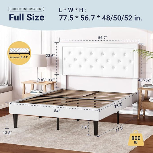 Allewie Full Size Velvet Upholstered Bed Frame with Adjustable Headboard, Diamond Tufted Design, Wood Slat Support, Noise-Free EVA Strip, Easy Assembly, White