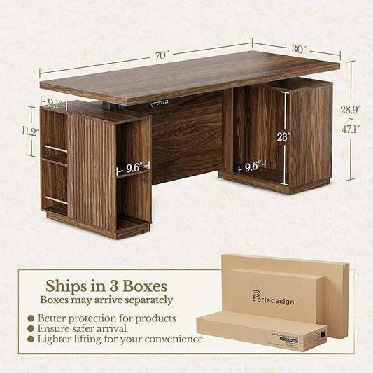 70" Standing Desk with Storage, Executive Electric Height Adjustable Stand Up Desk with AC/USB, Privacy Panel, Large One-Piece Destop, Fluted Computer Desk, Black Walnut