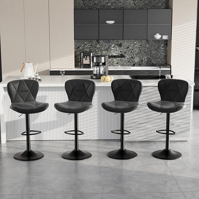 Bar Stools Set of 2,Adjustable Swivel Barstools, Faux Leather Bar Chairs,Upholstered Counter Height with High Backrest for Kitchen Island, Black