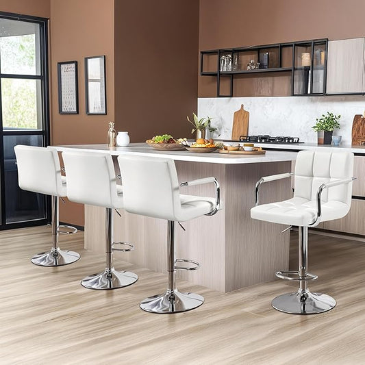 Yaheetech Bart Stools Set of 4, PU Leather Adjustable Barstools with Armrest, Counter Height Stool Chairs with Thickened Seat Cushion for Kitchen Island, White