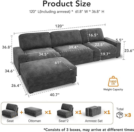 Sunny Heart 120" L-Shaped Modular Sectional Sofa, Oversized Cloud Couch with Movable Ottoman, 4-Seat Chenille Deep Seat Sofa with Pillow, Sectional Couches for Living Room, Apartment, Dark Grey
