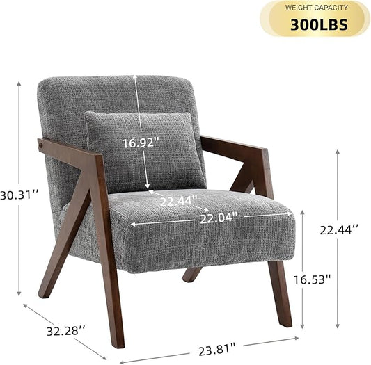 Mid-Century Modern Accent Chair Set of 2 with Solid Wood Frame,Upholstered Chenille Living Room Arm Chairs with Pillow for Bedroom, Living Room, Reading Room, Balcony, Grey