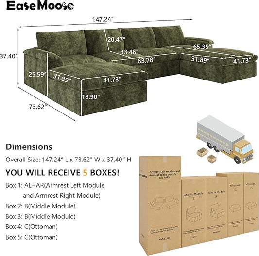 EASE MOOSE Boneless Modular Cloud Couch, U-Shaped Oversized Sectional Sofa for Living Room with Ottoman, Extra Large Movable Couches, 6-Deep-Seat Sofas for Bedroom, Apartment, Chenille (Green)