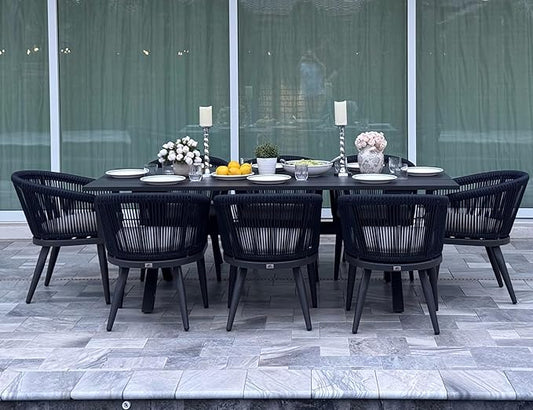PURPLE LEAF Outdoor Dining Set for 8 All-Weather 9 Pieces Patio Aluminium Dining Table and Rope Weave Chairs Included Cushions for Backyard Indoor Decor Kitchen Patio Furniture Set Grey and Navy