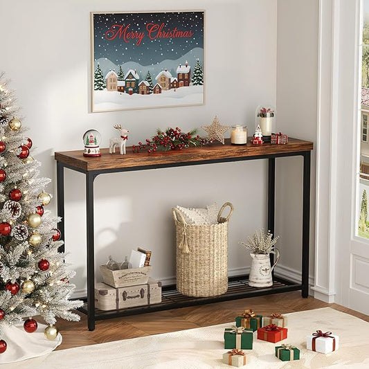 Console Table for Entryway, Narrow Entryway Table with Storage, Sofa Table with Mesh Shelves, Console Tables for Living Room, Bedroom, Hallway, Foyer (2 Tier, Rustic Brown, 47 inch)
