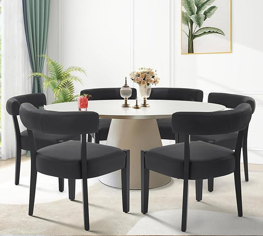 Modern Black Dining Chairs Set of 6, Faux Leather Upholstered Kitchen & Dining Room Chairs, Mid Century Modern Wooden Dining Chairs Oversized Sturdy Rounded Chairs Curved Back