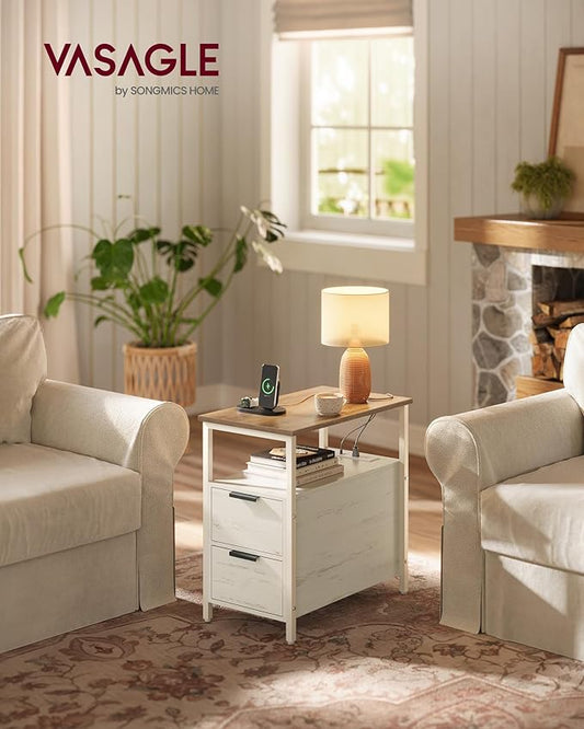 VASAGLE Side End Table with Charging Station, Slim Nightstand with 2 Drawers, Narrow Bedside Table for Living Room, Small Spaces, Honey Brown and Rustic White ULET321W01S