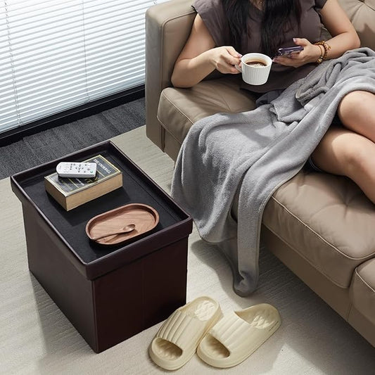 AmasSmile Storage Ottoman Folding Foot Rest Stool, Leather Footstool Bench, Short Ottoman Stool, Storage Foot Rest Store, Books (Brown-2pc, 17" D x 13" W x 13" H)