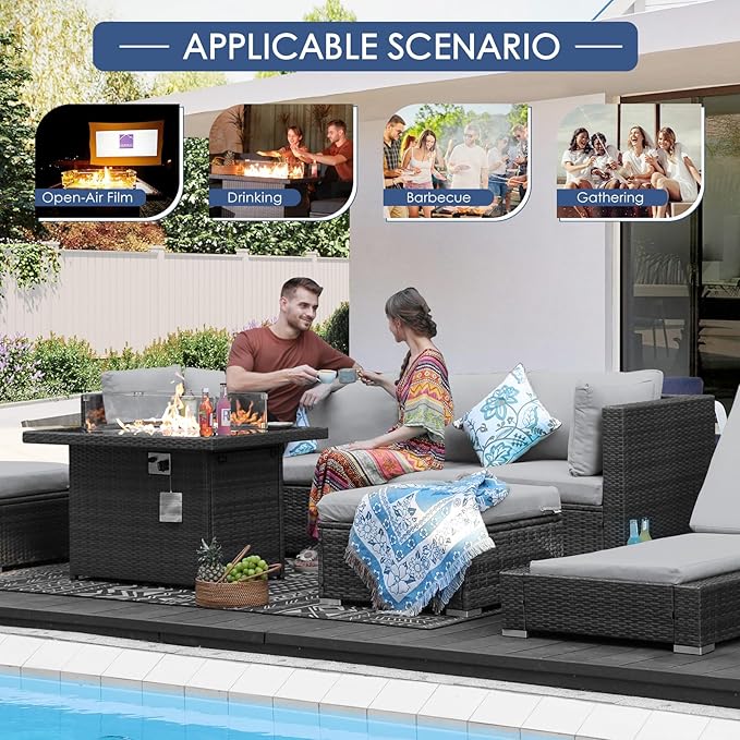 NICESOUL 29.3'' High Back Outdoor Patio Furniture Set with Firepit Natural Gas & Propane, 9 Piece Extra Large Conversation Set with Fire Pit Table, Modern Deep Wide Modular Wicker Sofa Couches, Gray