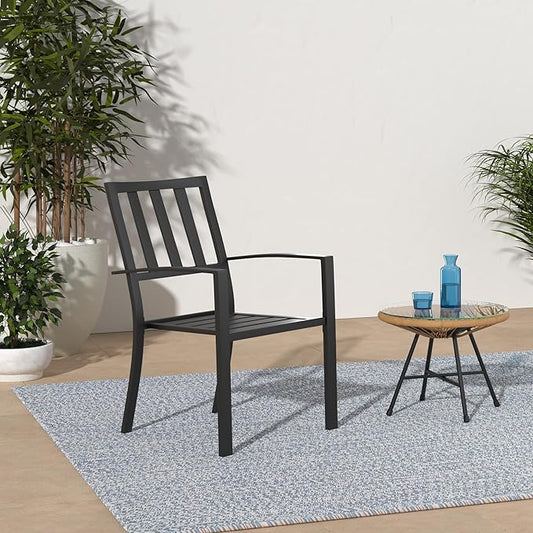 PHI VILLA Metal Outdoor Dining Chairs Set of 6 - Stackable Black Patio Chairs, 300lb Capacity (Stripe)