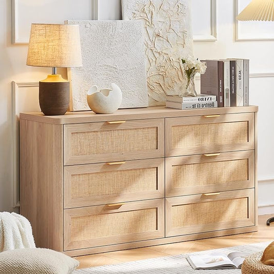 LEYAOYAO Rattan 6 Drawer Dresser for Bedroom, Boho 54" Wide Natural Wood Dresser Chest of Drawers, Dressers TV Stand with Metal Handle, Storage Dressers Closet Organizer for Living Room, Hallway