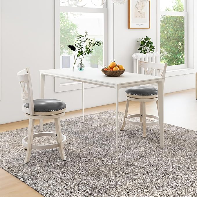 COSTWAY Bar Stool Set of 4 for Kitchen Island, 25.5” Swivel Armless Counter Height Stools with 20'' Wider Padded Seat, Ergonomic Curved Backrest, Rubber Wood Frame (4, Antique White + Gray)