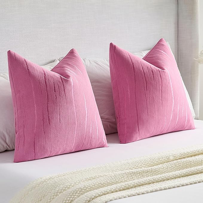 FUTEI Hot Pink Chenille Decorative Throw Pillow Covers 26x26 Inch Set of 2,Soft Embossed Striped Textured Euro Pillow Shams,Modern Home Decor for Couch Bed Living Room
