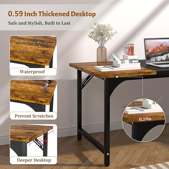 AZN Computer Desk, 47in Computer Desk, Gaming Office Desk w/Carbon Fiber Tabletop, Gaming Office Desk w/Sturdy Metal Frame, Home Office Desks w/Large Legroom for Game Work Study Writing,RusticBrown