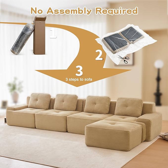 150.4” Camel Boneless Couches for Living Room, Modular Sectional Sofa with L-Shape Chaise, 4 Seater Comfy Upholstered Deep Seat Corduroy Fabric Cloud Couch No Assembly, Anti-Slip Design