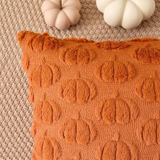 Kevin Textile Fall Pumpkins Pillow Covers 18x18 Inch Set of 2 Cute Autumn Decorative Square Pillowcases Soft Faux Fur Cushions Harvest Gift for Couch Sofa Chair Bedroom Home Decor, Brown
