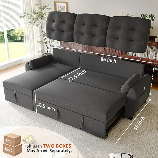 Ucloveria Sleeper Sofa Bed, 86" Convertible Sectional Sofa Couches for Living Room, Pull Out Couch Bed with Reversible Storage Chaise | USB Ports | Side Pockets | Removable Backrest