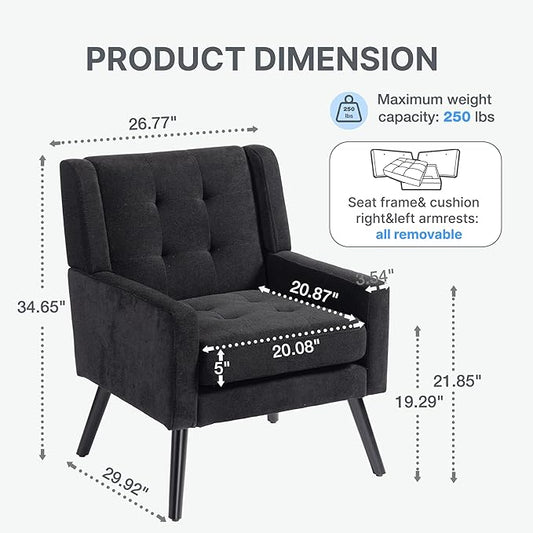 Mid-Century Modern Accent Chair Set of 2, Plush Linen Fabric with Button Tufted High Back & 5" Thick Cushion, High Comfort Reading Chair for Living Room, Bedroom, Office (Black)