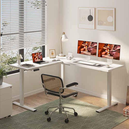 L-Shaped Standing Desk, 71 x 63 Inches Height Adjustable Desk, Sit and Stand up for Work Office Home, Ergonomic Rising Computer Table for Home Office with Splice Board, White