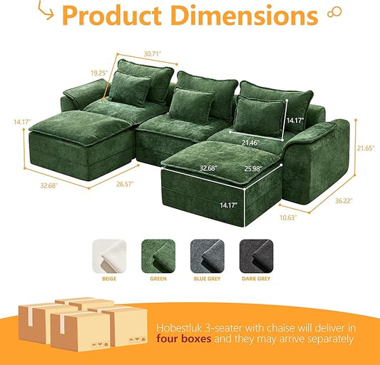 Hobestluk 120" Cloud Modular Sectional Couch 3-Seater Sofa with Ottomans U Shaped Couch Deep Seat Sofa with Removable Cover Large Sofa for Living Room (Green, 3-Seater Sofa with Two Ottomans)