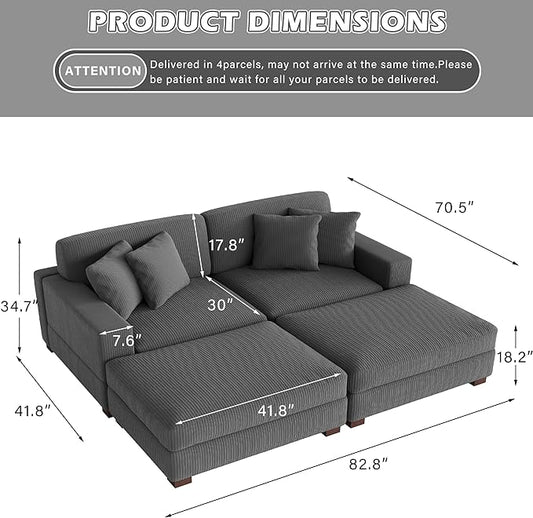 Modular Sectional Couches for Living Room, Modern Loveseat 2-Seater Sofa Couch with Ottoman, Upholstered Couches for Living Room Bedroom, Grey