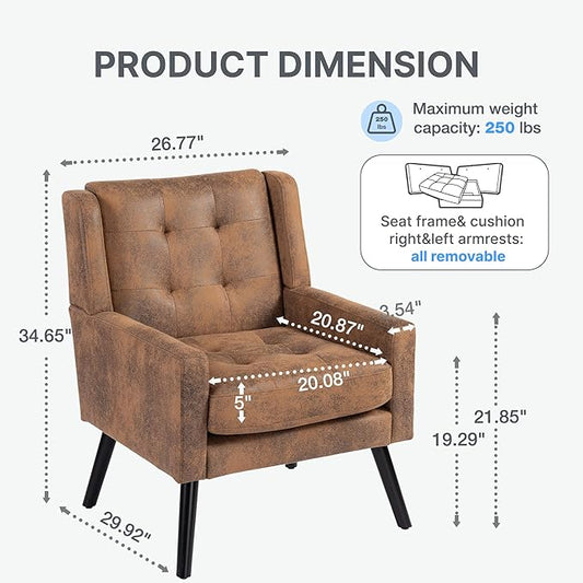 Mid-Century Modern Accent Chair Set of 2, Plush Suede Fabric with Button Tufted High Back & 5" Thick Cushion, High Comfort Reading Chair for Living Room, Bedroom, Office (Brown)