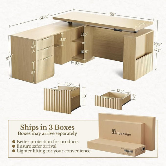 63 Inches L Shaped Standing Desk, Executive Standing Desk with Drawers and File Cabinet, AC/USB, 1.18" Desktop, Multi-sized Storage Cubby, Privacy Panel, Fluted Computer Desk, Light Walnut