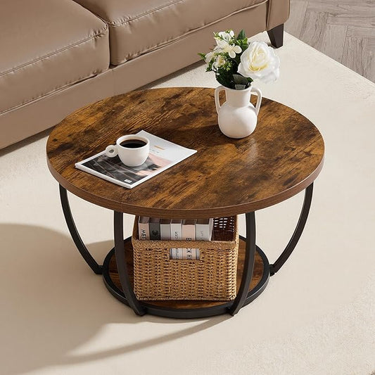 VEVOR Coffee Table, Modern Round Coffee Table, 2 Tiers Wooden Circle Center Desk with Open Storage, Minimalist Sturdy Metal Frame Accent End Desk for Living Room, Office, Easy Assembly, Rustic Brown