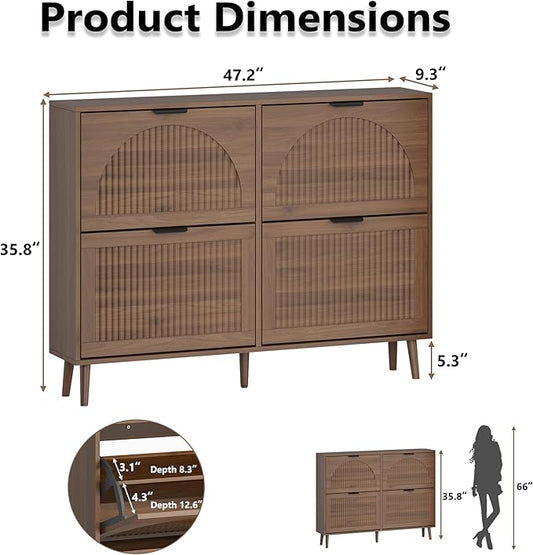 Shoe Cabinet for Entryway with 4 Flip Drawers, Slim Wooden Shoe Storage Organizer with Modern Fluted Pannel,Freestanding Narrow Hidden Shoe Rack for Hallway, Foyer, Living Room