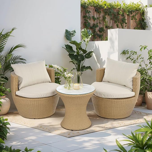 Christopher Knight Home Dessa Patio Conversation Set, Wicker Rattan Club Chairs, Wicker End Table, Accent Chair with Cushions, Mirror Table Top, Conversation Set for Backyard Poolside, Light Brown