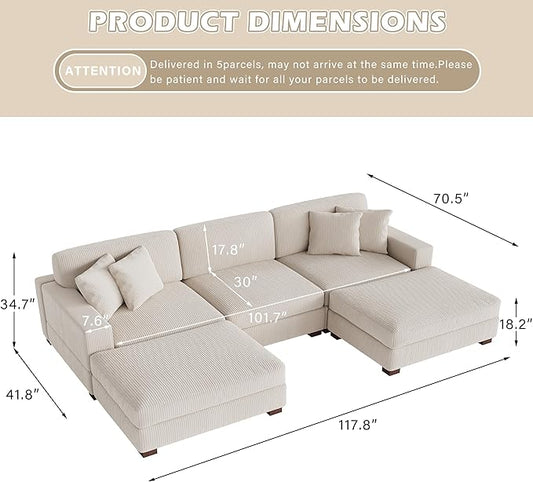Modular Sectional Couches for Living Room, 118" Modern Upholstered Sofa Couche with Ottoman for Living Room Bedroom, Beige
