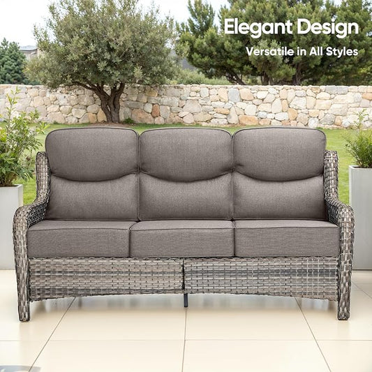 Swivel Patio Chairs sofa Set of 6 with 6" Thick Cushion - Wicker Outdoor Swivel Rocker Patio Chair ,Sofa/Glass coffee table, High Back Comfortable Outdoor Glider Chairs - Gery Wicker | Gery Cushions