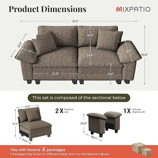 87" Cloud Modular Sectional Loveseat, 2-Seater w/Deep Seat & Removable Arms, Plush Chenille for Small Living Room & Apartment - Smoky Gray