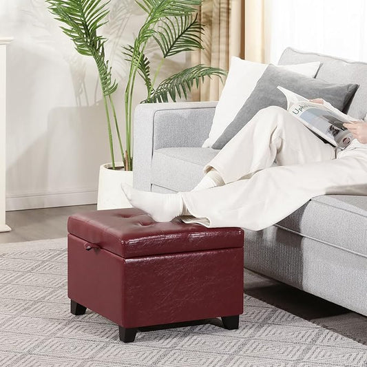 Adeco Faux Leather Storage Ottoman with Hinged Lid, 14 Inch High Red Square Cube Foot Stool with Storage, Upholstered Vanity Stool with Solid Wood Legs for Living Room, Bedroom, Dorm