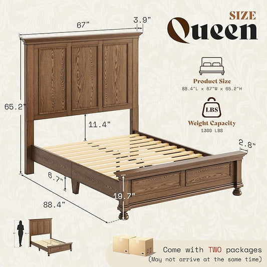 AMERLIFE Solid Wood Queen Bed Frame with 65.2" High Headboard, Traditional Platform Bed with Heavy Duty Slats, No Box Spring Needed, Easy Assembly, Light Brown