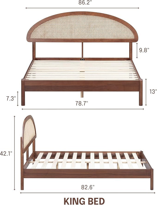 NTC Gem Wooden Bed Frame with Headboard and Natural Rattan, Solid Oak/Rubber Wood Foundation with Silent Slats, 1000 Lb Capacity, Effortless Assembly (Natural Cane - Dark Walnut, King)