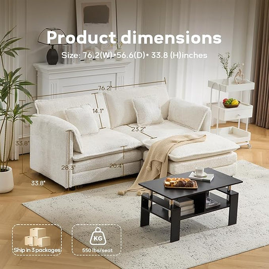76.2" Modular Sectional Sofa with Movable Ottoman, Deep Seat couches for Living Room, 2 Seater Loveseat Sofa, L Shaped Comfy Cloud Couch with Removable Cover, Armrest Pillow (Beige)