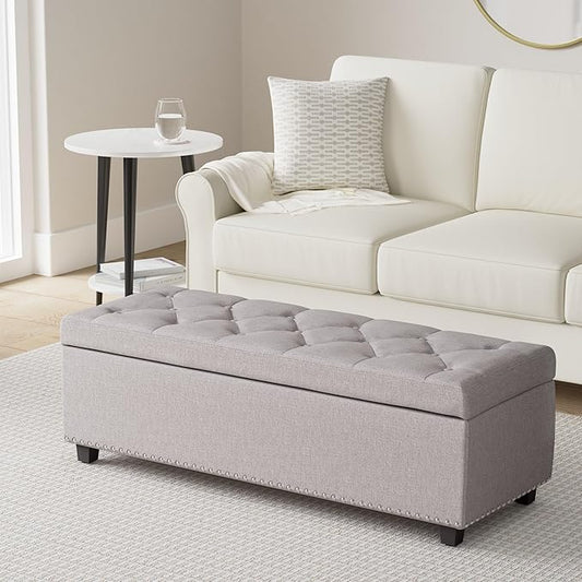 SIMPLIHOME Hamilton 48 inch Wide Transitional Rectangle Storage Ottoman in Cloud Grey Linen Look Fabric, Assembled, For the Living Room, Entryway and Family Room