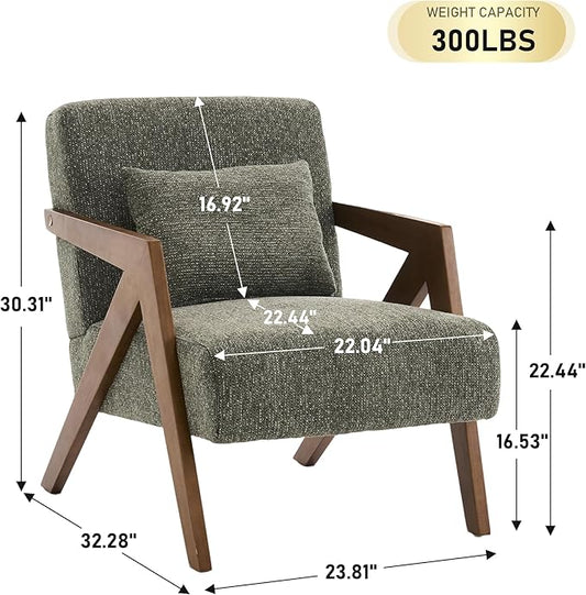 Mid-Century Modern Accent Chair with Solid Wood Frame,Upholstered Chenille Living Room Arm Chairs with Pillow for Bedroom, Living Room, Balcony, Reading Room, Green