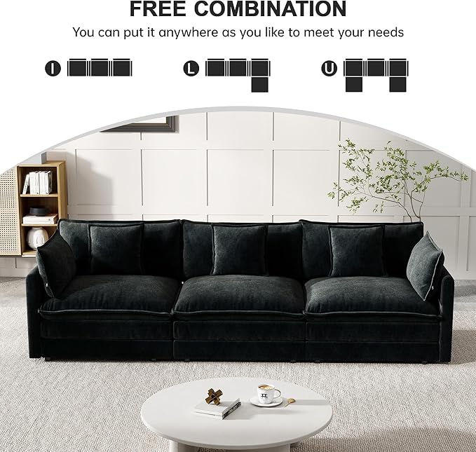 Modular Sectional Sofa, 111.5 Inch I-Shaped Cloud Sofa with Deep Seat Chenille Sofa with Cushions, Three-Self Sectional Sofa for Living Room Apartment,Black