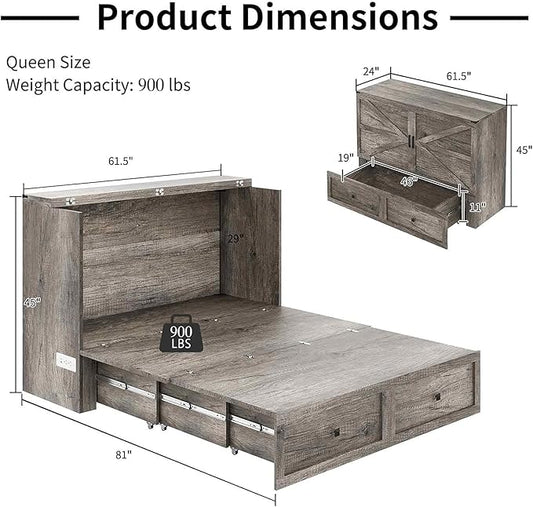 Full Murphy Bed Cabinet with Charging Station, Foldable Platform Bed Frame with Drawer, Space-Saving Guest Bed for Home Office or Small Spaces, Rustic Grey