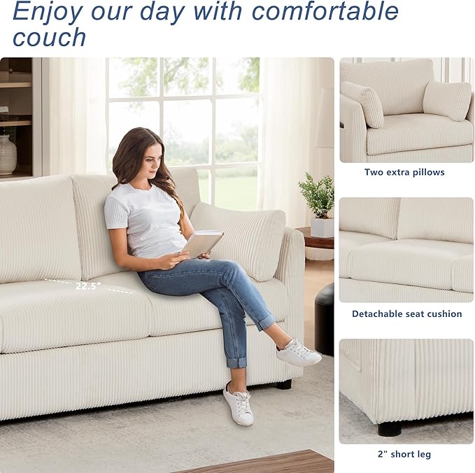 Sofa Set for Living Room Corduroy Couch Sets 3 Seater and Single Chair, Sofas for Apartment and Small Spaces (Beige, Sofa Set)