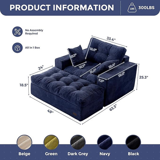 MAXYOYO Modular Sectional Chaise Lounge Sofa, Upholstered Lounge Chair with Ottoman, Comfy Couch with Layered Cushion, Tufted Upholstered Sleeper Chair for Living Room, No Assembly, Navy