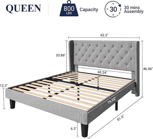 Allewie Queen Size Bed Frame with Button Tufted Wingback Headboard, Modern Upholstered Bed Frame with Solid Wooden Slats Support - No Box Spring Needed, Easy Assembly, Light Grey