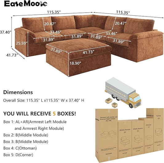 EASE MOOSE Boneless Modular Cloud Couch, Oversized L-Shaped Sectional Sofa for Living Room with Ottoman, Extra Large Movable Couches, 6-Deep-Seat Sofas for Bedroom, Apartment, Chenille (Brown)