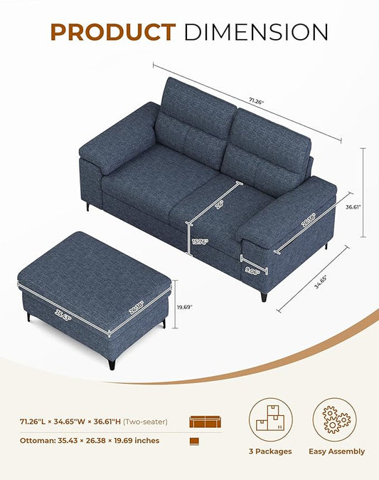 71.25" L Shaped Sectional Couches for Living Room, Deep Seat Sofa with Big Storage Ottoman & 8”Cushion, Comfy 2-Seater Chenille Loveseat, Convertible Armrest, Removable Cover for Small Space(Blue)
