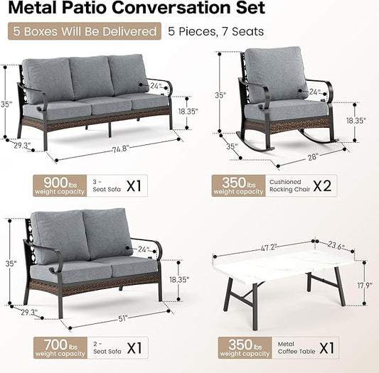 5 Piece Metal Outdoor Patio Furniture Set, Patio Conversation Sets 3-Seater Sofa, 2-Seater Sofa, 2 Rocking Sofa with 5.75" Thick Cushion & Coffee Table Black Backyard Furniture, Gray