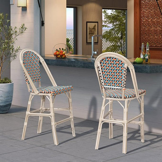 PURPLE LEAF French Bar Stool Set of 4 White Print Finish Patio Bar Stools with Back Rattan Bar Chairs Wicker Bar Height Stool 30" with Footrest Kitchen Island Stools Outdoor Barstool Colorful