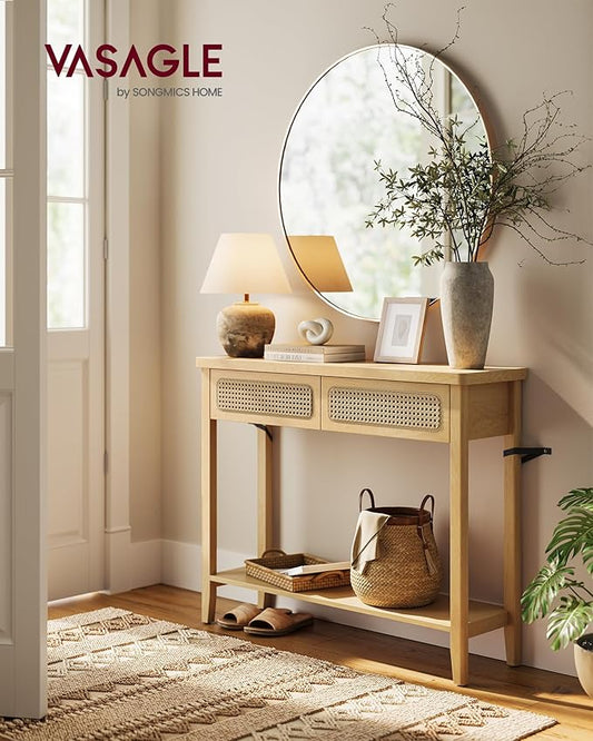 VASAGLE Console Table, Sofa Table, Narrow Entryway Table with 2 Drawers, Open Storage Shelf, Rounded Corners, for Living Room, Boho Style, Oak Beige ULNT016Y57V1